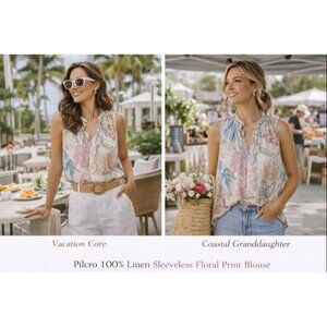 Pilcro Women Linen Sleeveless Floral Blouse 2X Vacation Core Coastal Style